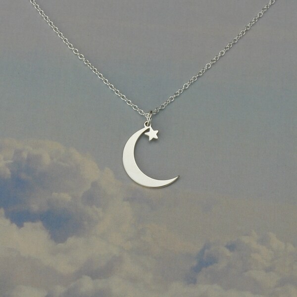 High Quality Sterling Silver Crescent Moon And Star Necklace • Gift • Simple Dainty Moon And Star Pendant