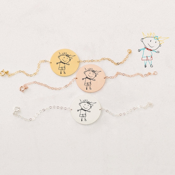 Children Artwork Bracelet / Actual Kids Drawing Bracelet • Gold on Silver Kid Picture Art Pendant Design into Jewellery