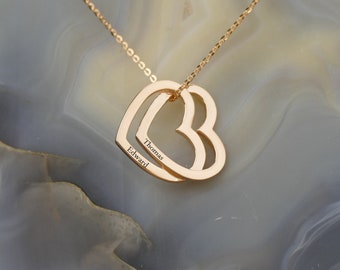 Personalised Two Heart Name Necklace / Gold 2 Heart Engraved Necklace / Double Heart Names Necklace / Custom Jewellery