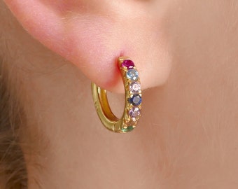 Multi Coloured Sapphire Hoop Earrings / Rainbow Rose Gold Sapphire Huggies / Cute Colourful Sapphire Small Hoop Earrings