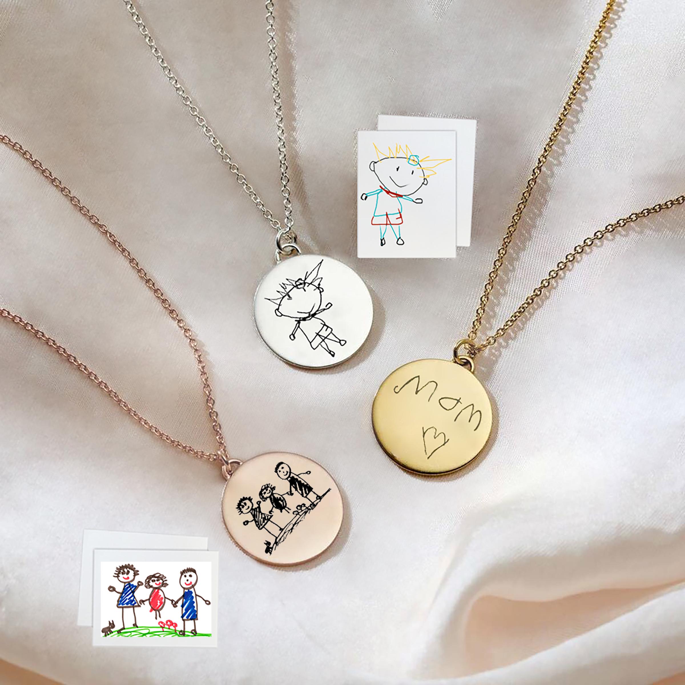 Personalised Sterling Silver Actual Drawing Necklace / Custom Actual Children Drawn Picture Into Jewellery