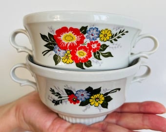 Vintage Ceramic Bowls Set of 2, Floral Dessert Bowls, Red Flower Bowls, Small Serving Bowls, Cottagecore Kitchen Decor