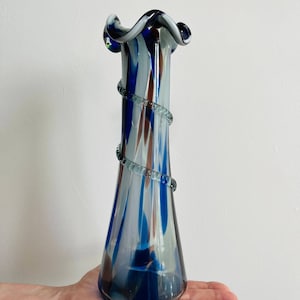 Vintage Hand-Blown Art Glass Vase – Blue Swirl with Ruffled Rim, Mid-Century Modern Studio Decor