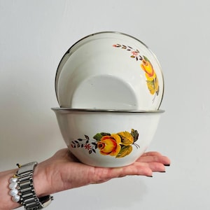 Vintage Enamel Bowls with Floral Motif – Set of 2