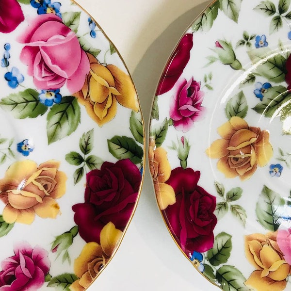 Vintage Ceramic Plate Set, Elegant Roses Pattern, Set of 2 Plates, Roses Decorative Plates, Antique Ceramic Serving Dishes,  Kitchen Decor