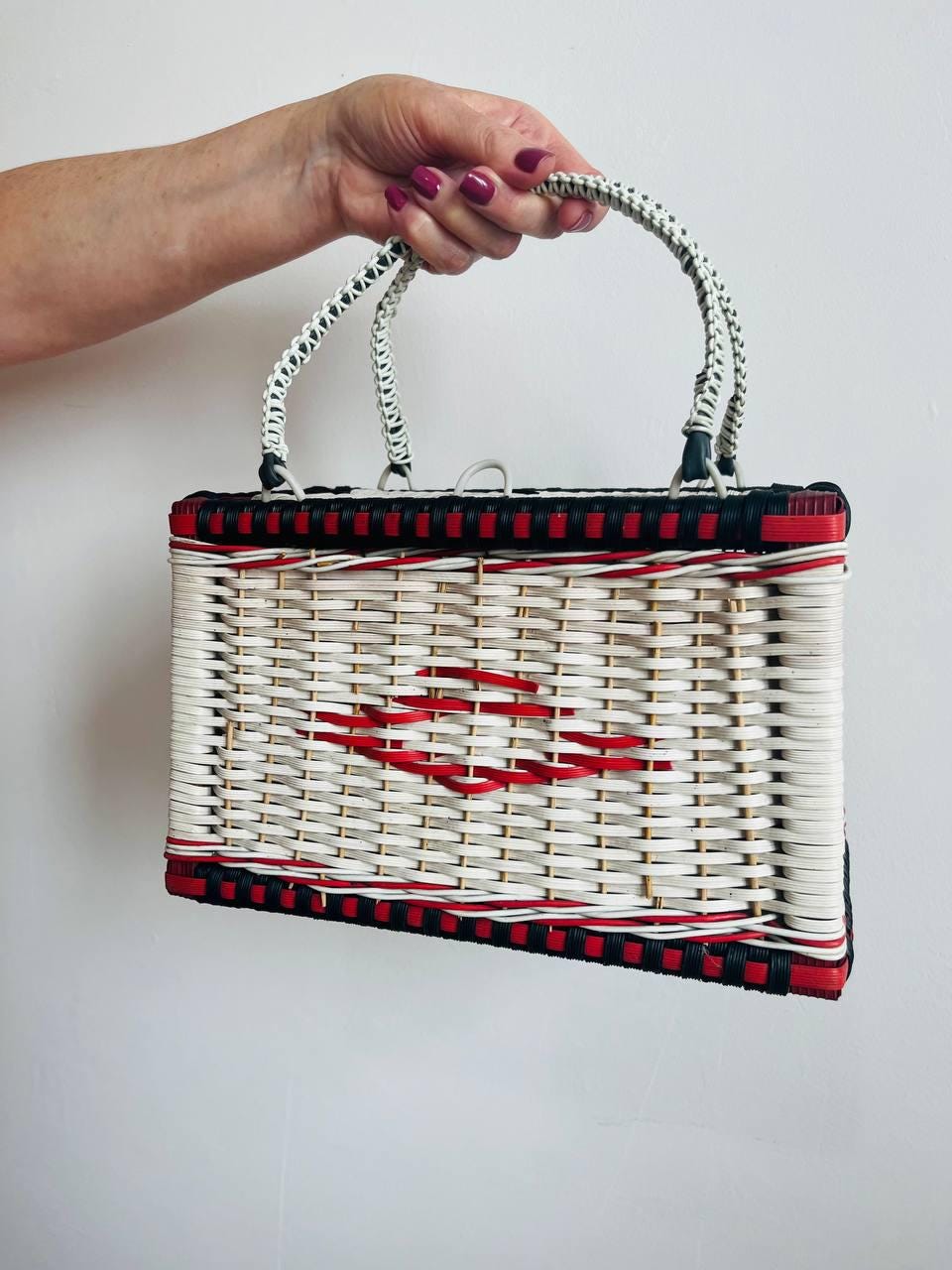 1980年代ヴィンテージピクニックトートバッグ｜レトロな編み込み