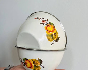 Set of 2 Vintage Enamel Bowls, Floral Kitchenware, Farmhouse Kitchen Decor, Retro Metal Bowls, Cottagecore Kitchen