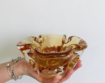 Vintage Hand Blown Art Glass Bowl, 1970s Ukrainian Glass, Sculptural Glass Bowl, Collectible Glass Decor, Mid Century Art Glass