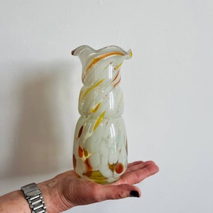 Vintage Hand-Blown Art Glass Vase – Swirled Orange & White Murano Style, Ruffled Rim, Retro Home Decor