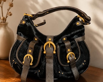 Francesco Biasia Designer Large Black Leather and Calf Hair