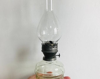 Vintage Glass Oil Lamp 1970s, Hand Blown Kerosene Lamp, Green Tint Glass Lamp, Mid Century Lighting, Cottagecore Decor