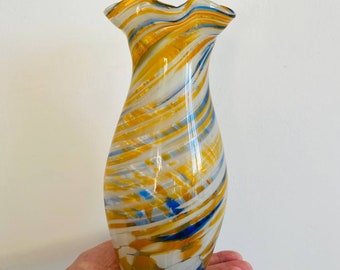 Vintage Art Glass Vase, Murano Style Glass Vase, Colorful Swirl Vase, Hand Blown Glass, Mid Century Decor, Yellow Blue Glass Vase