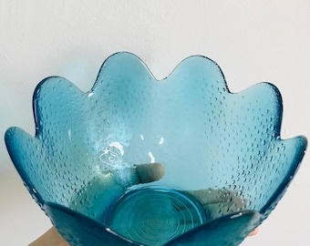 Vintage Blue Glass Bowl, Serving Bowl, Retro Salad Bowl, Mid Century Glassware, Cottagecore Kitchen Decor