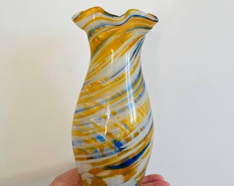 Vintage Handblown Glass Vase, Murano Style Art Glass Vase, Swirl Glass Flower Vase, Retro Home Decor, Mid Century Colorful Vase