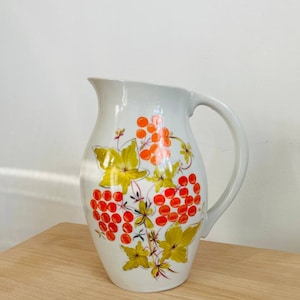 Vintage Ceramic Pitcher | Handcrafted Clay Jug with Orange Floral Motif | Rustic Farmhouse Kitchen Decor, 1980s