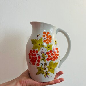 Vintage Porcelain Pitcher – Hand-Painted Red Berry & Leaf Motif, Retro Floral Water Jug