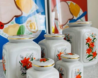 Vintage Floral Porcelain Kitchen Canister Set of 5, White Ceramic Storage Jars, Cottagecore Kitchen Decor, Retro Pantry Containers