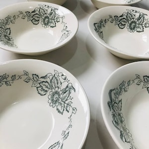 Set of 6 Vintage Floral Ceramic Bowls – Green Botanical Pattern, Retro Soup or Dessert Bowls, Cottagecore Kitchen Decor