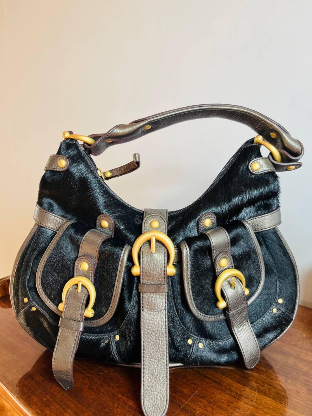 Hogsback Leather Vintage Black Haircalf & Leather Hobo Bag – Gold Hardware, Equestrian ...