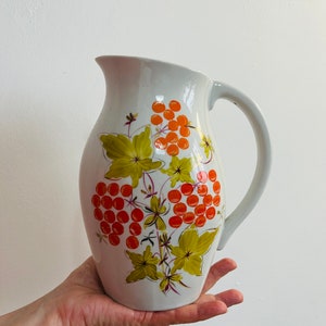 Vintage Ceramic Pitcher – Hand-Painted Orange Floral Jug, 1980s Rustic Decor