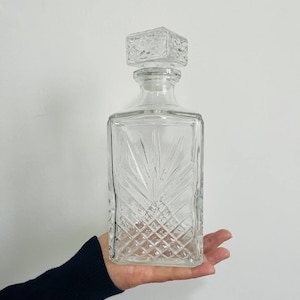 Vintage Pressed Glass Decanter with Square Stopper – Geometric Cut Pattern, Mid-Century Barware