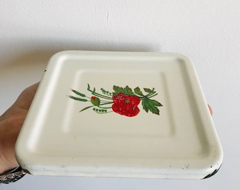 Scatola portaoggetti in metallo vintage con motivo floreale di papaveri, decorazione per la cucina anni '70.