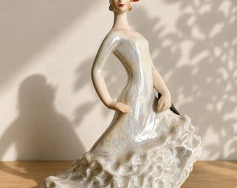 Vintage Porcelain Flamenco Dancer Figurine, Iridescent Spanish Style Statue, 1950s Collectible Decor