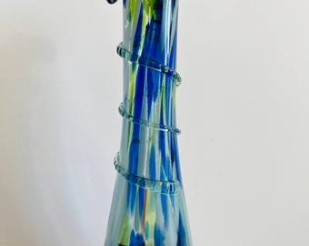 Vintage Blue Glass Vase Tall, Mid Century Art Glass Vase, Retro Flower Vase, Sculptural Glass Decor, 1970s Glassware
