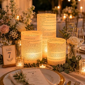 May include: Three cylindrical luminaries crafted from vintage book pages with printed text, emitting a warm glow. The set is arranged on a table alongside floral centerpieces, a table number seven sign, and a menu card on a gold-rimmed plate.