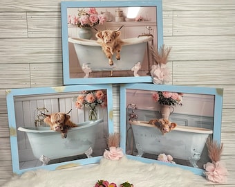 Framed wall art, farmhouse decor, highland cow bathroom wall decor, home decor gifts for her, cute bathroom wall art, set of 3, accent wall