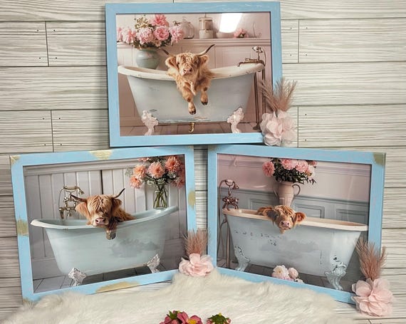 Framed wall art, farmhouse decor, highland cow bathroom wall decor, home decor gifts for her, cute bathroom wall art, set of 3, accent wall