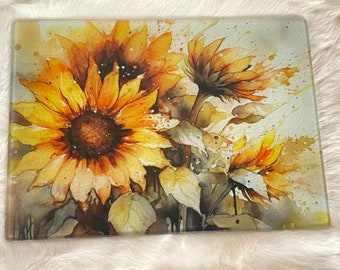 Cutting board, countertop kitchen charcuterie board, glass cheese board, sunflower kitchen decor, sunflower gift for her, Mother&#39;s Day gift