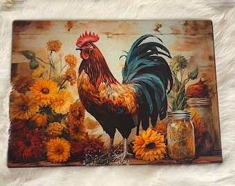 Rooster Glass Cutting Board, Kitchen Charcuterie Board Decor