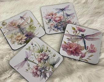 Dragonfly Coaster Set, Watercolor Floral Neoprene Drink Holders