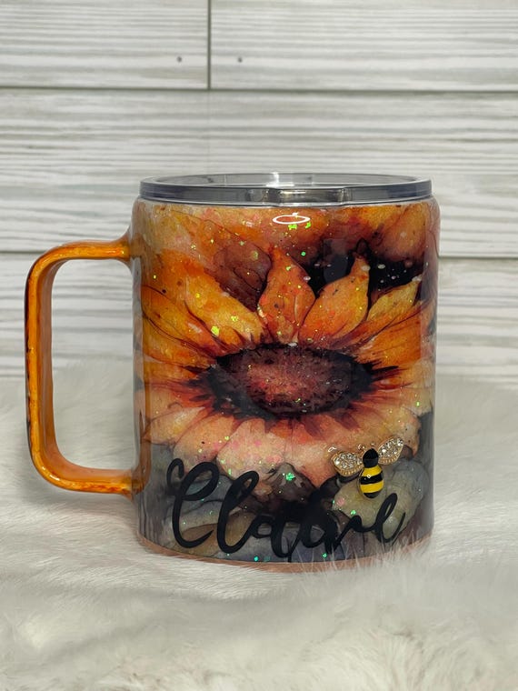 Sunflower Coffee Mug, Personalized tumbler for women, gift for mom, travel mug with handle, for coffee lover, glitter tumbler with flower