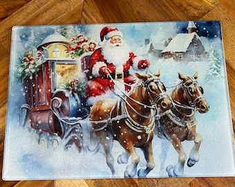 Santa Claus Glass Cutting Board, Christmas Kitchen Decor, Personalized Gift for Family