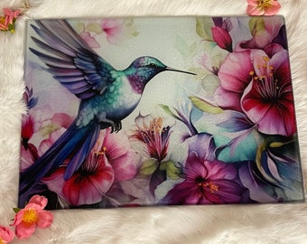 Hummingbird Glass Cutting Board, Floral Kitchen Decor, charcuterie board