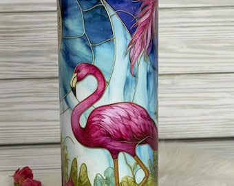 Pink Flamingo Tumbler, Insulated Travel Mug, Tropical Flowers