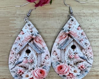 Floral Wooden Teardrop Earrings, Bird Jewelry for Women, Shabby Chic Dangle