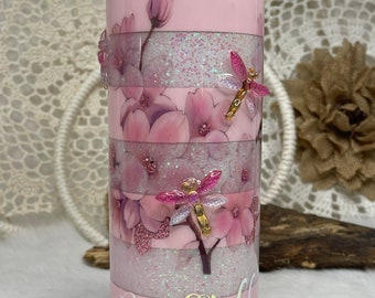 Pink Glitter Dragonfly Tumbler, 3D Flower Girly Cup with Handle