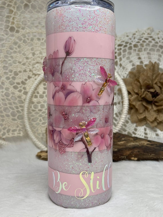 Pink Glitter Dragonfly Tumbler Pink Girly Tumbler 3d Tumbler 