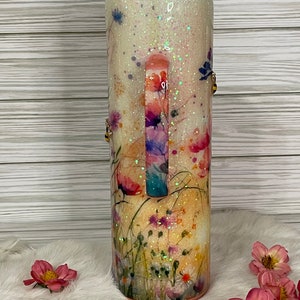 Tumbler with handle, glitter flower cup, for nature lover, travel mug with flower, wildflower tumbler, gift for women, personalized gift