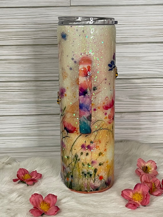 30 oz tumbler with decorative handle, glitter flower cup, gift for nature lover, travel mug with flowers, 3D wildflower tumbler gift for her