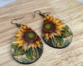 Handmade Sunflower Teardrop Earrings: Lightweight Wooden earrings
