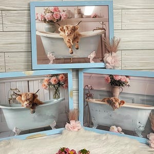 May include: Three framed prints of Highland cows in a bathtub. Each print features a different cow in a light blue bathtub with floral accents. The frames are light blue with gold accents.