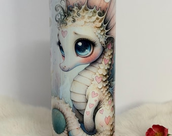 Sea Horse tumbler, ocean inspired personalized gift for women, coastal beach nautical travel mug, 20 oz stainless steel insulated