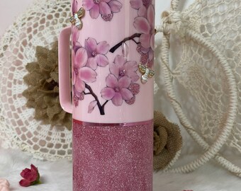 Pink Glitter Tumbler with Handle – Floral Bee Design, Personalized
