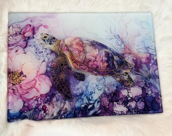 Sea Turtle Glass Cutting Board, Custom Charcuterie Board Personalized, Coastal Kitchen Decor Gift for Her, Nautical Home Decor