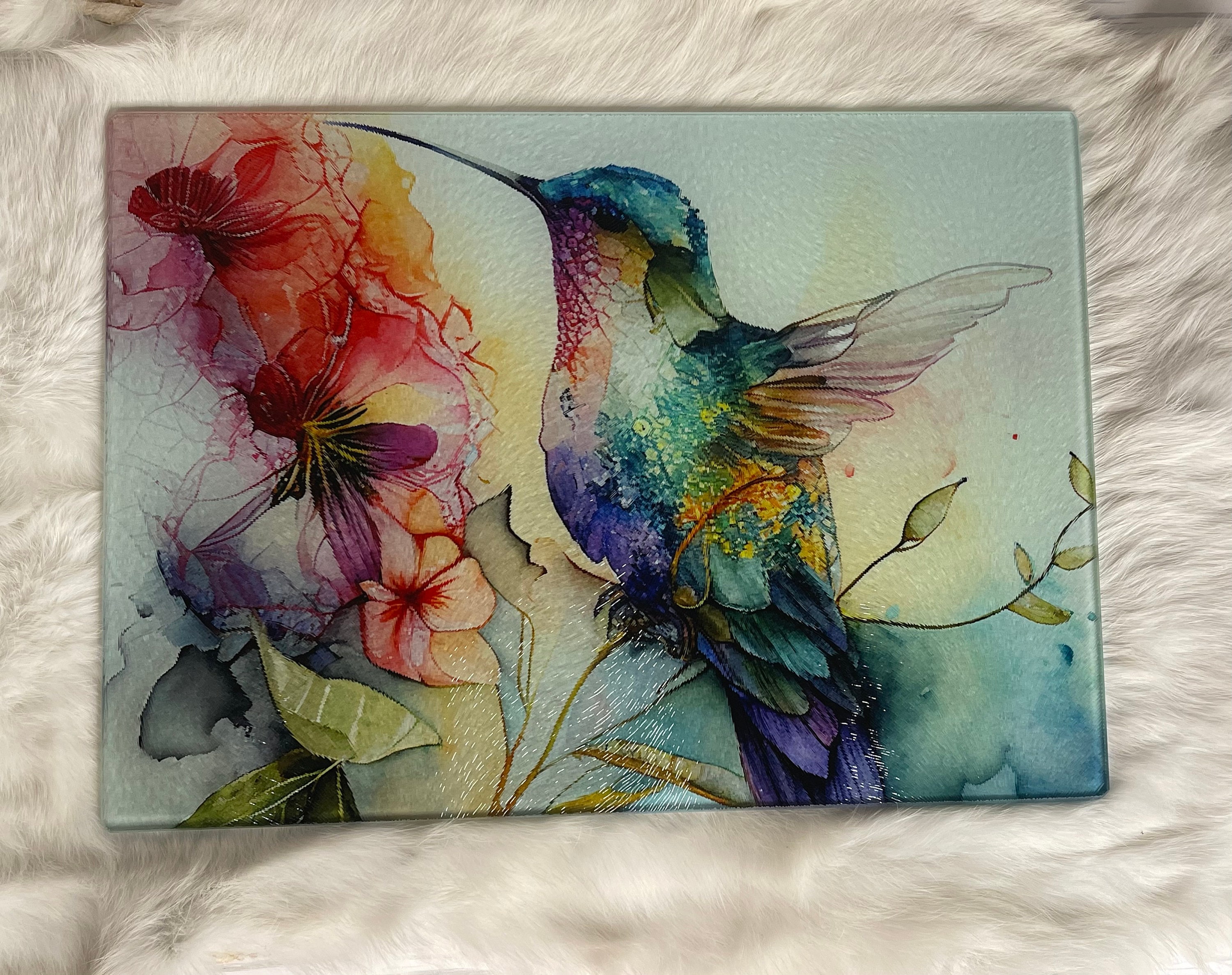 Hummingbird glass cutting board, countertop kitchen charcuterie board, Hummingbird kitchen decor for her, Mothers day gift, ready to ship