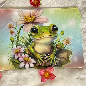 Canvas makeup bag, cute frog travel bag, frog lover&#39;s gift, Cosmetic bag gift for women, accessory bag for purse, ready to ship, clutch bag